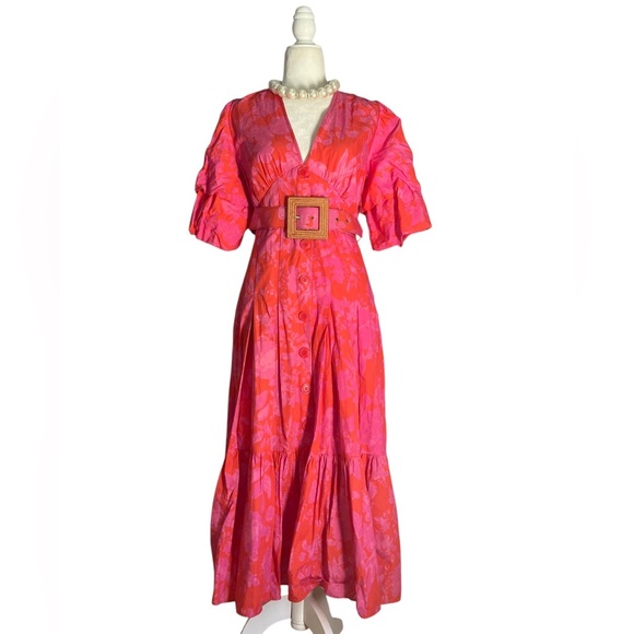 Savida Midi Dress NWT Red Pink Floral Puff Sleeve Belted Midi Tiered Ruffle - Picture 4 of 13